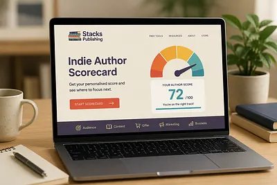 The Indie Author Scorecard on a laptop showing an author score of 72