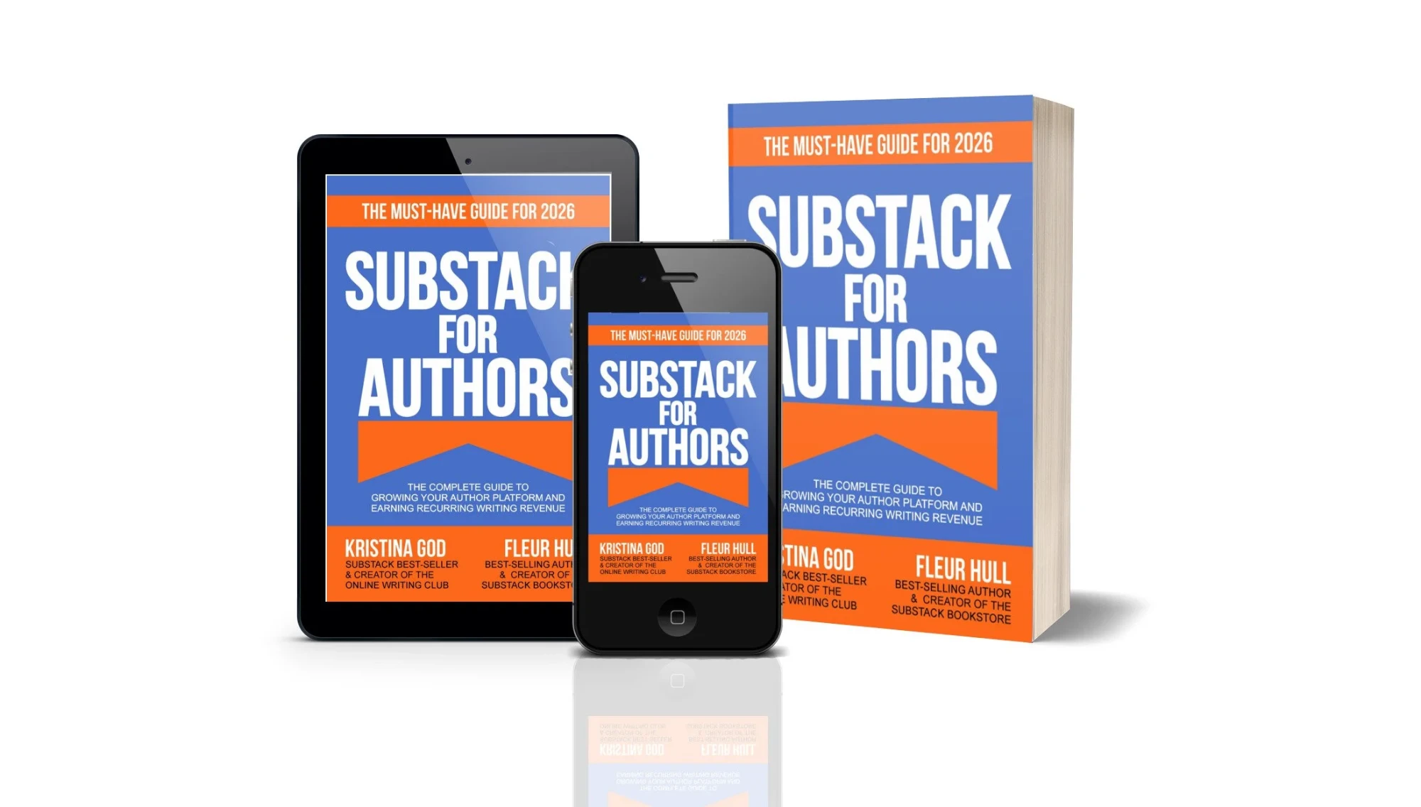 The Substack for Authors guide on a paperback, tablet, and phone